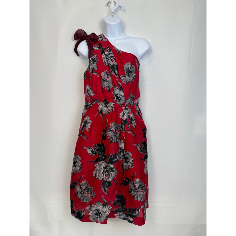 Va Et Vien BHLDN One Shoulder Linen Silk Floral Dress Sz 12 Red